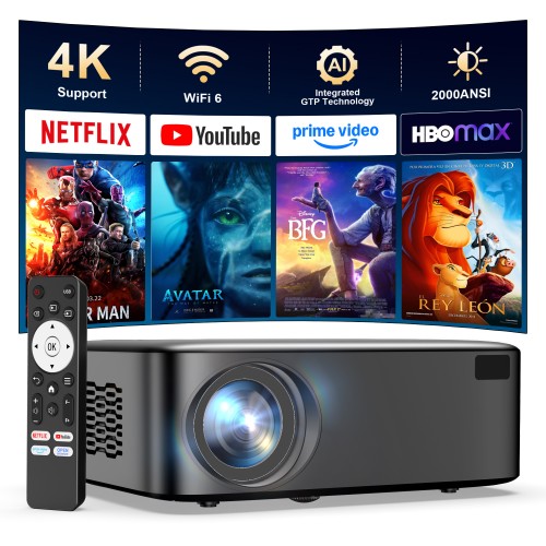 [Official-Licensed Apps]  Smart Projector with 4K Support, 2000 ANSI Smart Home Theater, Electric Focus & Auto Keystone, WiFi 6 Bluetooth Movie Projector for World Cup