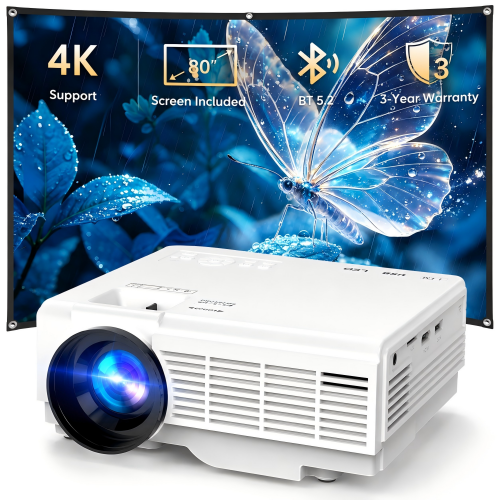 GCZ Mini Projector with Screen, Bluetooth 5.2, Support FHD 1080P Portable Projector Compatible with TV Stick/Phone/HDMI GCZ Mini Projector with Screen, Bluetooth 5.2, Support FHD 1080P Portable Projector Compatible with TV Stick/Phone/HDMI