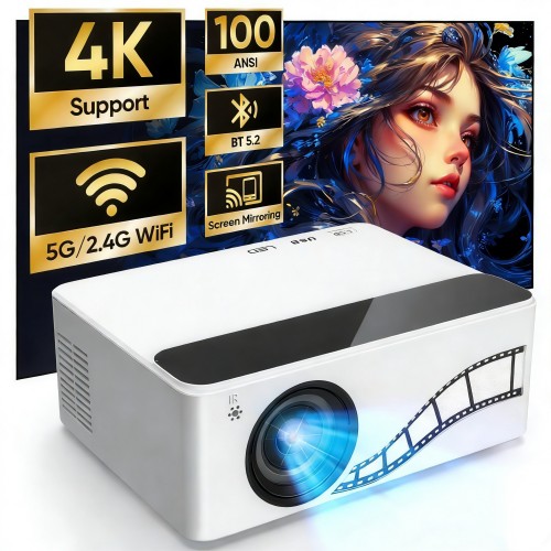 2026 Upgraded Projector with WiFi and Bluetooth 5.2, Support 4K 1080P Video Projector with HDMI for Home Theater/Bedroom/Outdoor